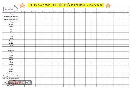 V SESİ OKUMA-YAZMA  BECERİSİ DEĞERLENDİRME 22