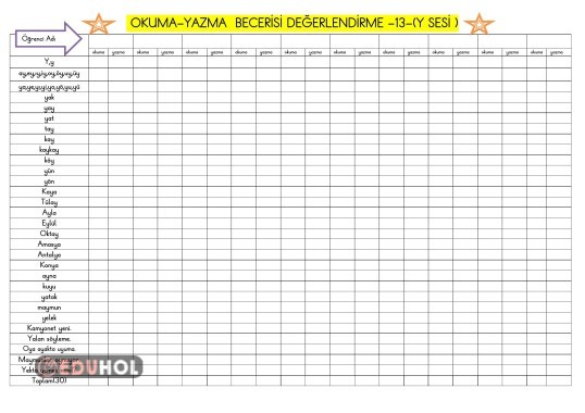 Y SESİ OKUMA-YAZMA  BECERİSİ DEĞERLENDİRME 13