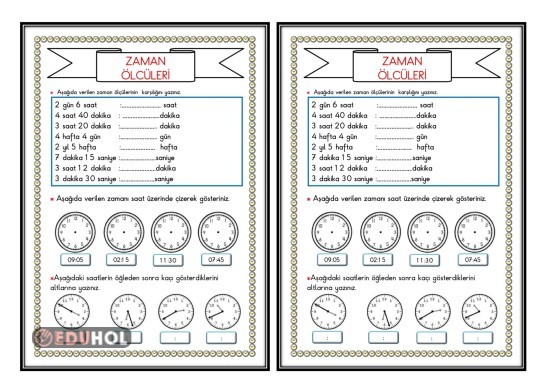 ZAMAN ÖLÇÜLERİ(Saatler,Zaman Ölçü Birimleri Arasındaki İlişki DEFTER ÇALIŞMASI)