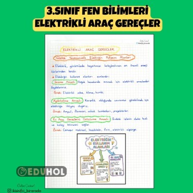 3.SINIF FEN BİLİMLERİ ELEKTRİKLİ ARAÇ GEREÇLER DEFTER NOTU