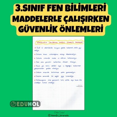 3.SINIF FEN BİLİMLERİ MADDELERLE ÇALIŞIRKEN GÜVENLİK ÖNLEMLERİ DEFTER NOTU