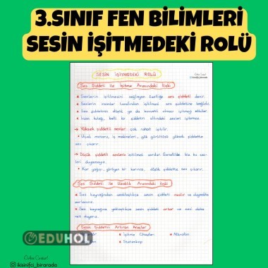 3.SINIF FEN BİLİMLERİ SESİN İŞİTMEDEKİ ROLÜ DEFTER NOTU