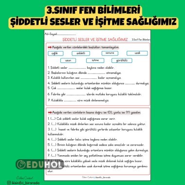 3.SINIF FEN BİLİMLERİ ŞİDDETLİ SESLER VE İŞİTME SAĞLIĞIMIZ ETKİNLİKLERİ