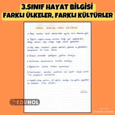 3.SINIF HAYAT BİLGİSİ  FARKLI ÜLKELER, FARKLI KÜLTÜRLER DEFTER NOTU