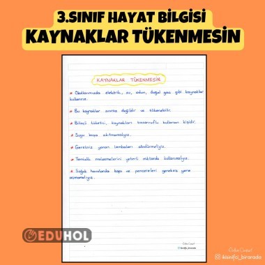 3.SINIF HAYAT BİLGİSİ  KAYNAKLAR TÜKENMESİN DEFTER NOTU