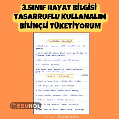 3.SINIF HAYAT BİLGİSİ  TASARRUFLU KULLANALIM VE BİLİNÇLİ TÜKETİYORUM DEFTER NOTU