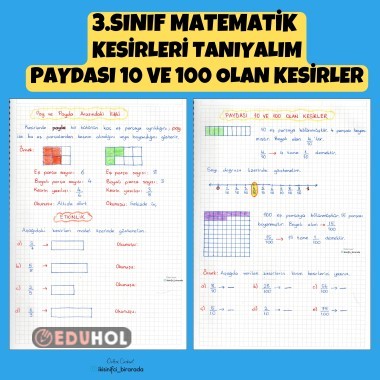 3.SINIF MatEmatik  KESİRLERİ TANIYALIM PAYDASI 10 VE 100 OLAN KESİRLER DEFTER NOTU