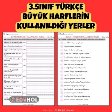 3.SINIF TÜRKÇE BÜYÜK HARFLERİN KULLANILDIĞI YERLER ETKİNLİK