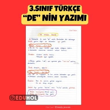 3.SINIF TÜRKÇE “DE” NİN YAZIMI DEFTER NOTU