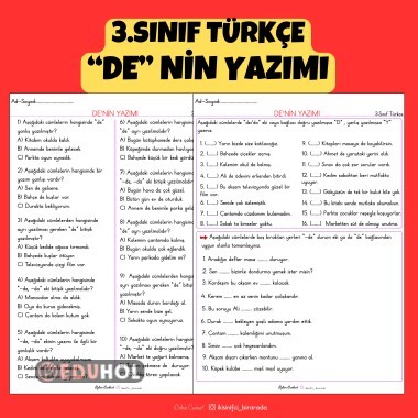 3.SINIF TÜRKÇE “DE” NİN YAZIMI ETKİNLİKLERİ