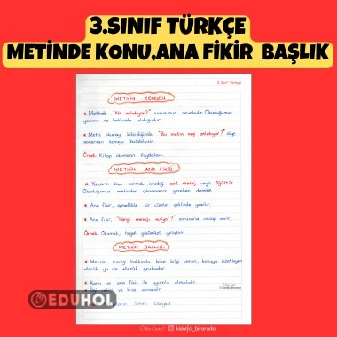 3.SINIF TÜRKÇE METİNDE KONU,ANA FİKİR, BAŞLIK DEFTER NOTU