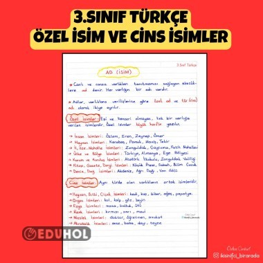 3.SINIF TÜRKÇE ÖZEL İSİM VE CİNS İSİMLER DEFTER NOTU