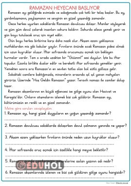 RAMAZAN HEYECANI BAŞLIYOR OKUMA ANLAMA METNİ
