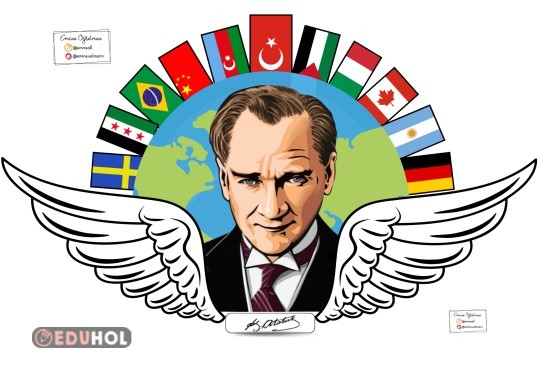 147x119 cm Pano posteri Atatürk ve Ülke Bayrakları