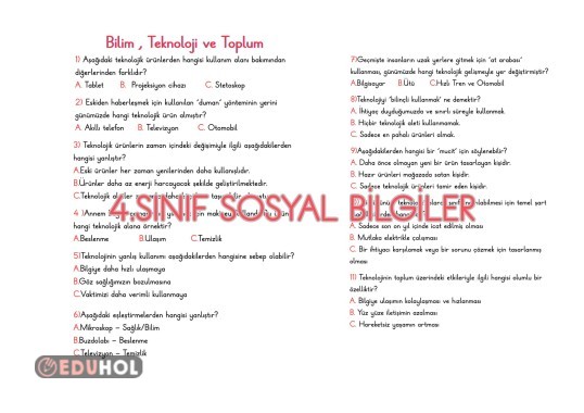 4.SINIF BİLİM, TEKNOLOJİ VE TOPLUM TEST SORULARI