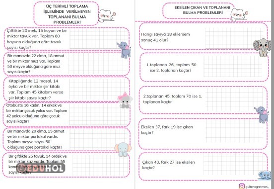 TOPLAMA VE ÇIKARMA İŞLEMİNDE VERİLMEYEN TERİMİ BULMA PROBLEMLERİ