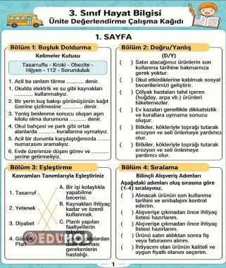 3.sinif hayat bilgisi değerlendirme çalışması 2