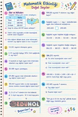 Matematik 1 ve 2 hafta değerlendirme açık uçlu sorular