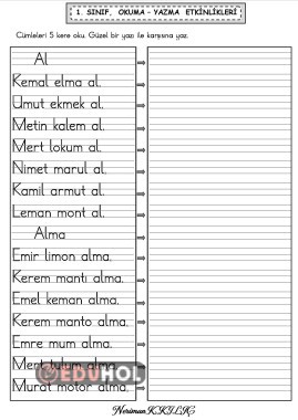 M sesi,  CÜMLE OKUMA YAZMA ÇALIŞMASI