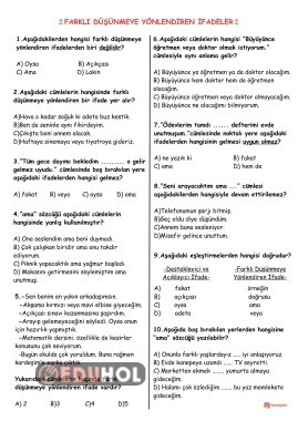 4. SINIF TÜRKÇE FARKLI DÜŞÜNMEYE YÖNLENDİREN İFADELER TESTİ