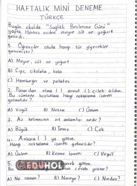 2. SINIF KOLAY MİNİ DENEME SINAVI