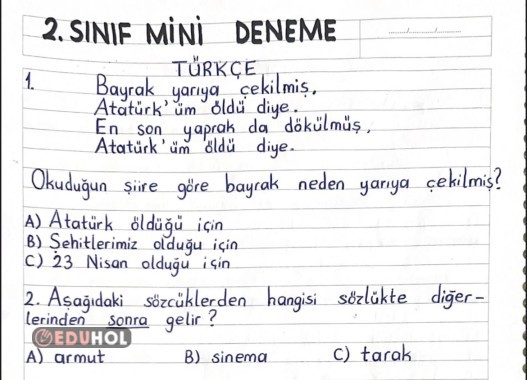 2. SINIF KOLAY MİNİ DENEME