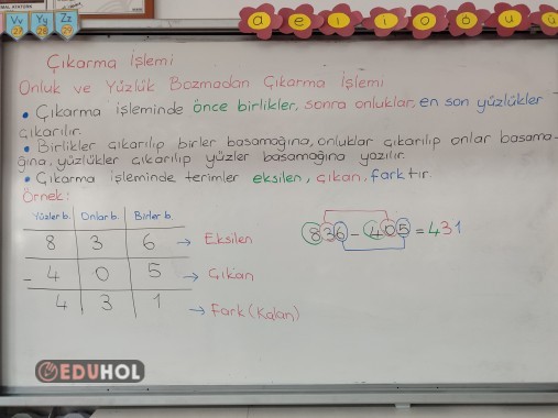 Onluk ve yüzlük bozmadan çıkarma işlemi ders notu