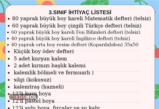 3.sınıf ihtiyaç listesi