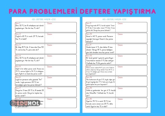 PARA PROBLEMLERİ DEFTERE YAPIŞTIRMA