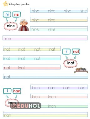 1. Sınıf nine, inat, inan hece çalışması