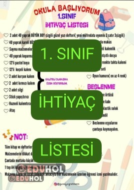 1. Sınıf İhtiyaç Listesi