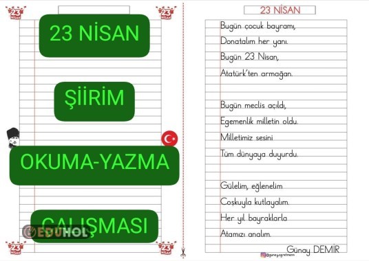 23 NİSAN Şiiri Okuma-Yazma Çalışması