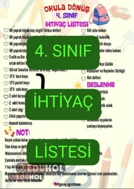 4. Sınıf İhtiyaç Listesi