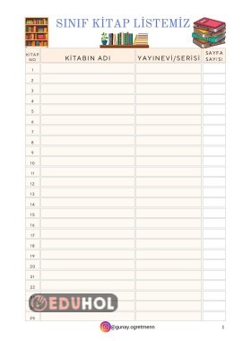 Sınıf Kitap Listesi (Sınıf Kitaplığı)Şablonu