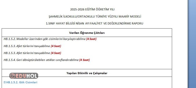 1.SINIF HAYAT BİLGİSİ NİSAN AYI FAALİYET VE DEĞERLENDİRME RAPORU