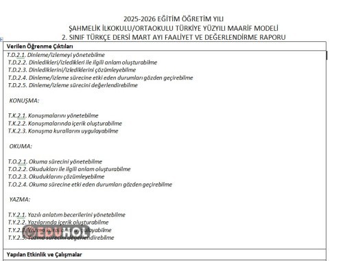 2. SINIF TÜRKÇE DERSİ MART AYI FAALİYET VE DEĞERLENDİRME RAPORU