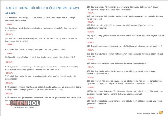 4.SINIF SOSYAL BİLGİLER DEĞERLENDİRME SINAVI