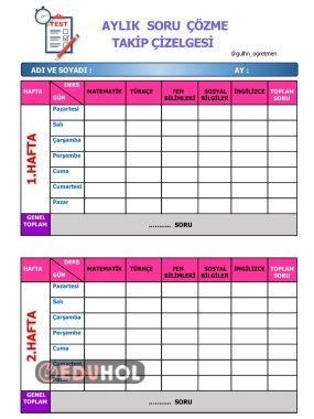 AYLIK SORU ÇÖZME TAKİP ÇİZELGESİ