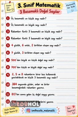 3. SINIF 3 BASAMAKLI SAYILAR OKUNUŞU YAZILIŞI BASAMAK DEĞERİ