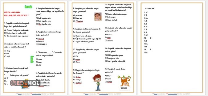 2. SINIF BÜYÜK HARFLERİN KULLANILDIĞI YERLER TEST 1