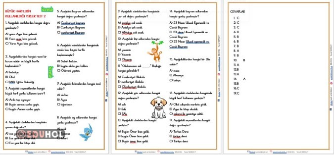 2. SINIF BÜYÜK HARFLERİN KULLANILDIĞI YERLER TEST 2