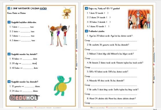 2. SINIF DESTE VE DÜZİNE ÇALIŞMA YAPRAKLARI