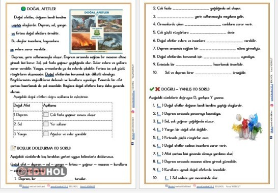 2. SINIF  DOĞAL AFETLER OKUMA ANLAMA VE DEĞERLENDİRME ETKİNLİĞİ