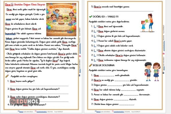 2. SINIF (Ebrar’ın Unutulan Doğum Günü Sürprizi) OKUMA ANLAMA VE DEĞERLENDRME ETKİNLİĞİ