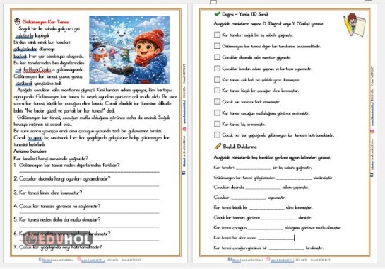 2. SINIF Gülümseyen Kar Tanesi OKUMA ANLAM VE DEĞERLENDİRME ETKİNLİĞİ