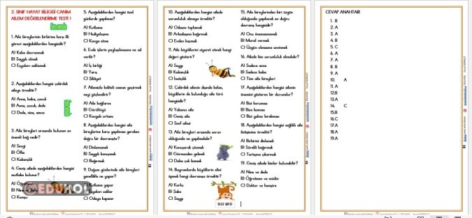 2. SINIF HAYAT BİLİGİSİ CANIM AİLEM DEĞERLENDİRME TESTİ 1