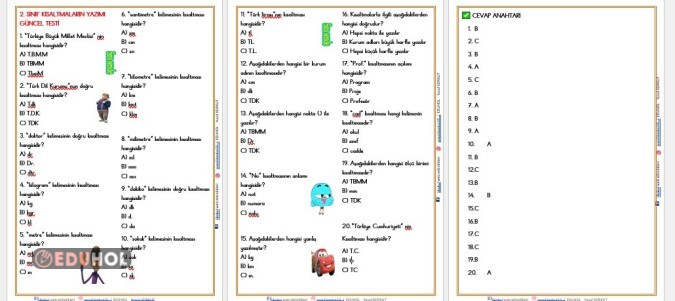2. SINIF KISALTMALARIN YAZIMI GÜNCEL TESTİ