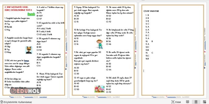2. SINIF  MATEMATİK GENEL SÜREÇ DEĞERLENDİRME TESTİ 8