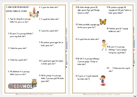 2. SINIF MATEMATİK KESİR PROBLEMLERİ 1....BÜTÜN, YARIM VE ÇEYREK