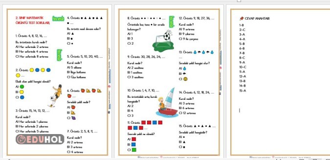 2. SINIF MATEMATİK ÖRÜNTÜ TEST SORULARI( KOLAY - ORTA)